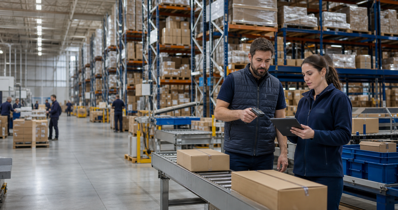 Equipe operando um centro de distribuição com coletor e tablet